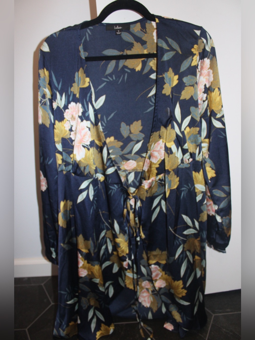 Lulus Love is Life Navy Blue Floral Print Satin Wrap Dress - Size Small - Picture 5 of 11